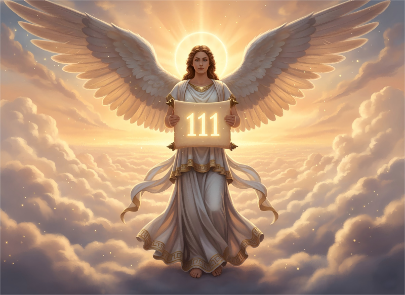 Ancient greek angel with elegant wings holding a golden scroll with the number 111 symbolizing divine guidance and spiritual awakening ppxstar | people ​planet  x star